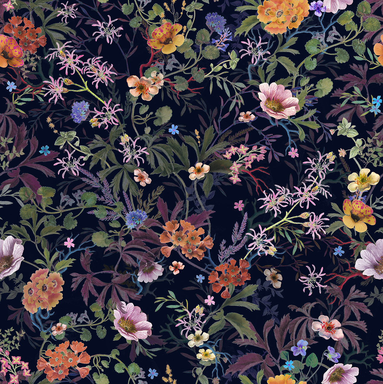 Dark winter botanical floral print for Fiorelli, by Em Prov