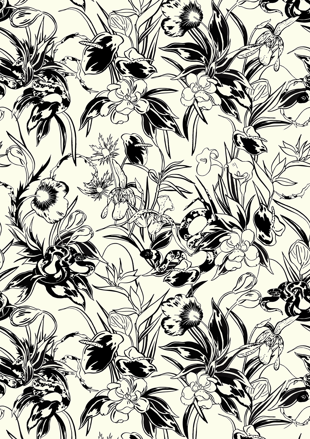 All-over pattern, hand drawn by Em Prov for Olivia von Halle's Garden of Earthly Delights Collection