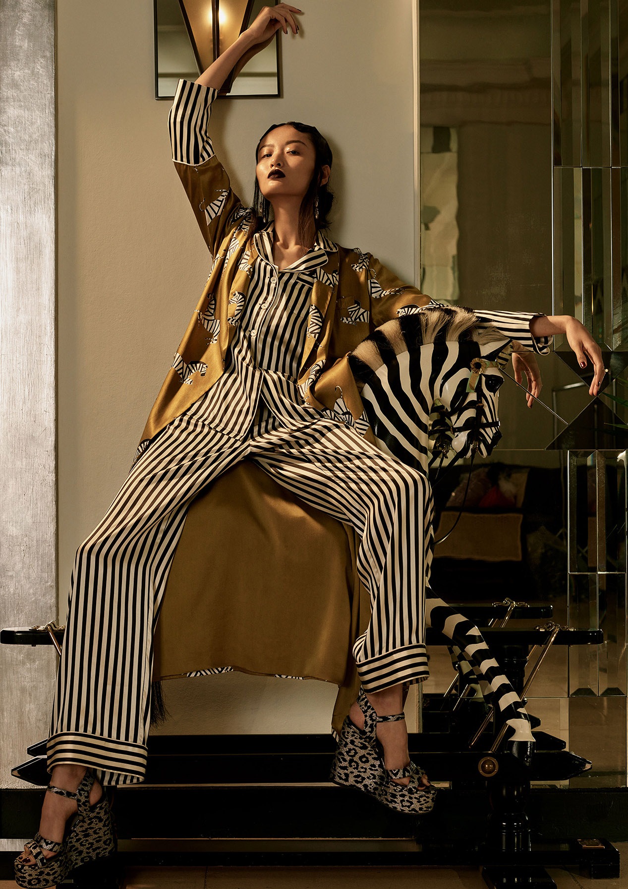 Iconic zebra print, hand painted by Em Prov for Olivia von Halle's luxury sleepwear